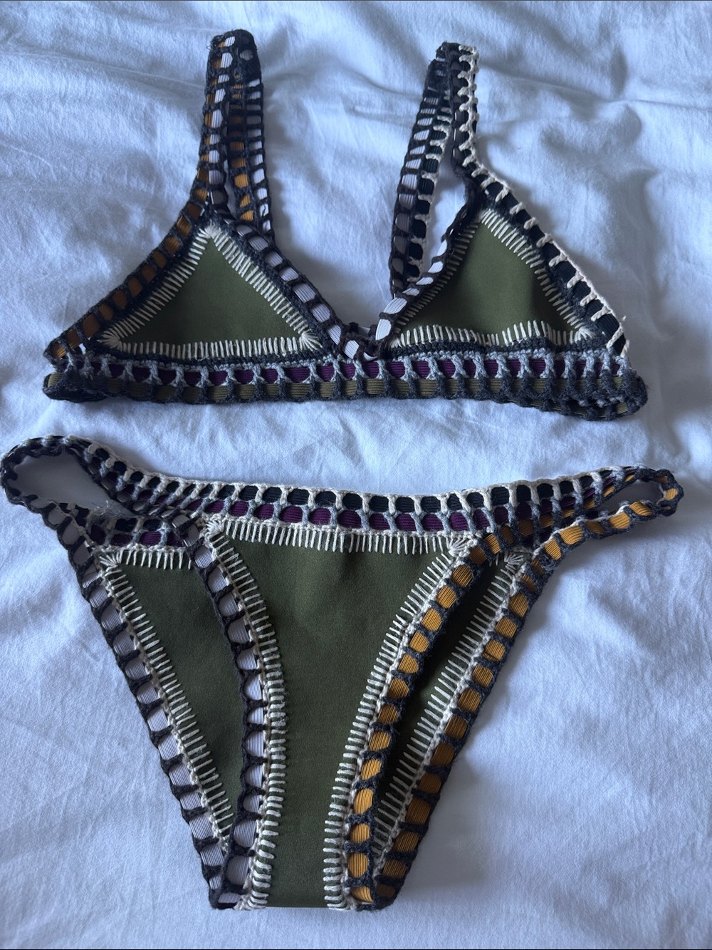 KIINI Olive Green Crochet-Trim Bikini with Multicolor Edging